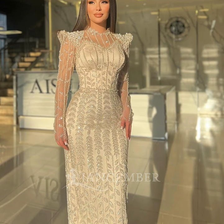 Luxury Pink Beaded Evening Dress Long Sleeves coming soonEvening DressChampagne2(UK 6)Luxe Lane
