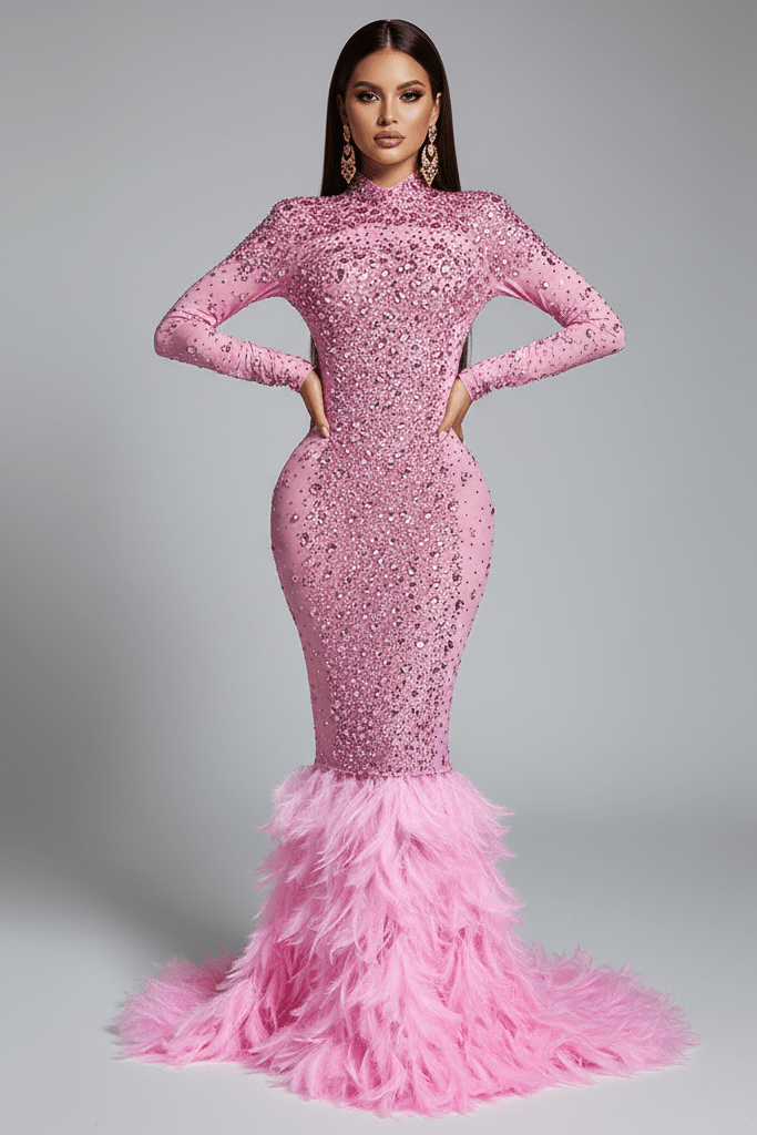 Luxury Pink Feather Crystal Evening Gown by Luxe Lane | Stage & Dancerwear from Luxe Lane | SKU:  | Barcode:  | Options: Pink S | Luxury Pink Feather Crystal Evening Gown