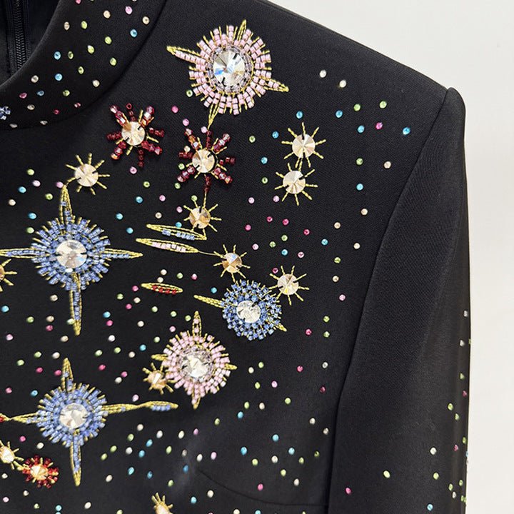 Luxury Rhinestone High Neck Mini Dress by Shine | Party dresses from Luxe Lane | SKU: W11278-1 | Barcode:  | Options: Black S(6) | Luxury Designer Sparkly Rhinestone High Neck Long Sleeve Bodycon Mini Dress for Women Elegant Party Club Cocktail Outfit