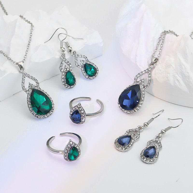 Luxury Zircon Necklace, Earrings & Ring Jewelry Set by CJ | 0 from Luxe Lane | SKU: CJLX246915201AZ | Barcode:  | Options: Green | Luxury Zircon Necklace, Earrings & Ring Jewelry Set