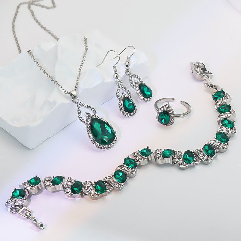 Luxury Zircon Necklace, Earrings & Ring Jewelry Set by CJ | 0 from Luxe Lane | SKU: CJLX246915201AZ | Barcode:  | Options: Green | Luxury Zircon Necklace, Earrings & Ring Jewelry Set