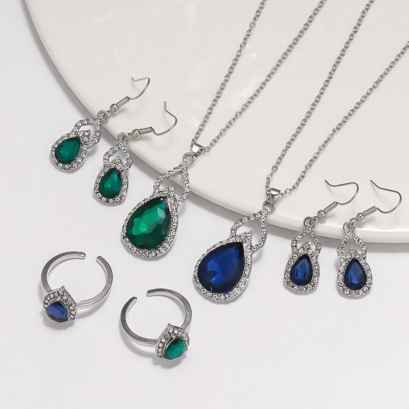 Luxury Zircon Necklace, Earrings & Ring Jewelry Set by CJ | 0 from Luxe Lane | SKU: CJLX246915201AZ | Barcode:  | Options: Green | Luxury Zircon Necklace, Earrings & Ring Jewelry Set