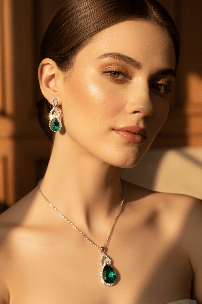 Luxury Zircon Necklace, Earrings & Ring Jewelry Set by CJ | 0 from Luxe Lane | SKU: CJLX246915201AZ | Barcode:  | Options: Green | Woman wearing emerald green jewelry against a warm - toned background