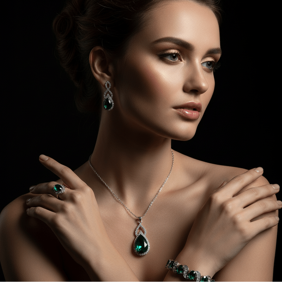 Luxury Zircon Necklace, Earrings & Ring Jewelry Set by CJ | 0 from Luxe Lane | SKU: CJLX246915201AZ | Barcode:  | Options: Green | Woman wearing emerald green jewelry including a necklace, earrings, and ring on a black background