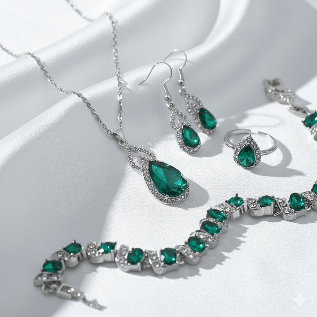 Luxury Zircon Necklace, Earrings & Ring Jewelry Set by CJ | 0 from Luxe Lane | SKU: CJLX246915201AZ | Barcode:  | Options: Green | Jewelry set with emerald green gemstones on a white surface