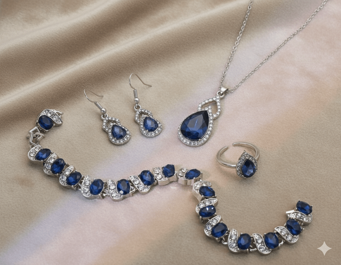 Luxury Zircon Necklace, Earrings & Ring Jewelry Set by CJ | 0 from Luxe Lane | SKU: CJLX246915202BY | Barcode:  | Options: Blue | Luxury Zircon Necklace, Earrings & Ring Jewelry Set