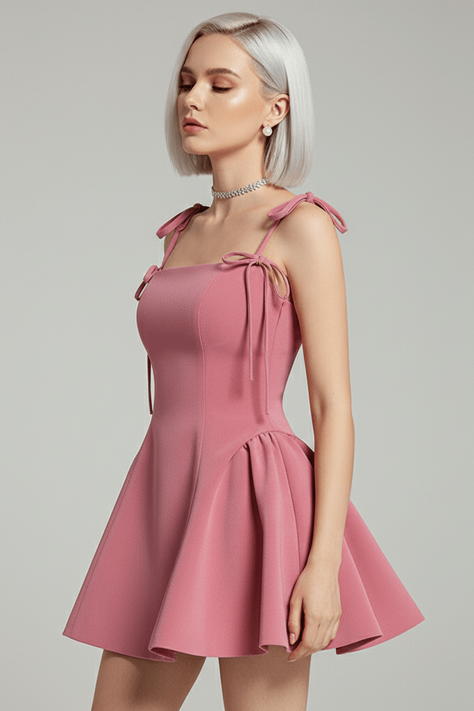 Lyla Backless Halterneck Mini Dress by Luxe Lane | from Luxe Lane | SKU:  | Barcode:  | Options: Pink S | Woman wearing a pink dress with bow straps on a gray background
