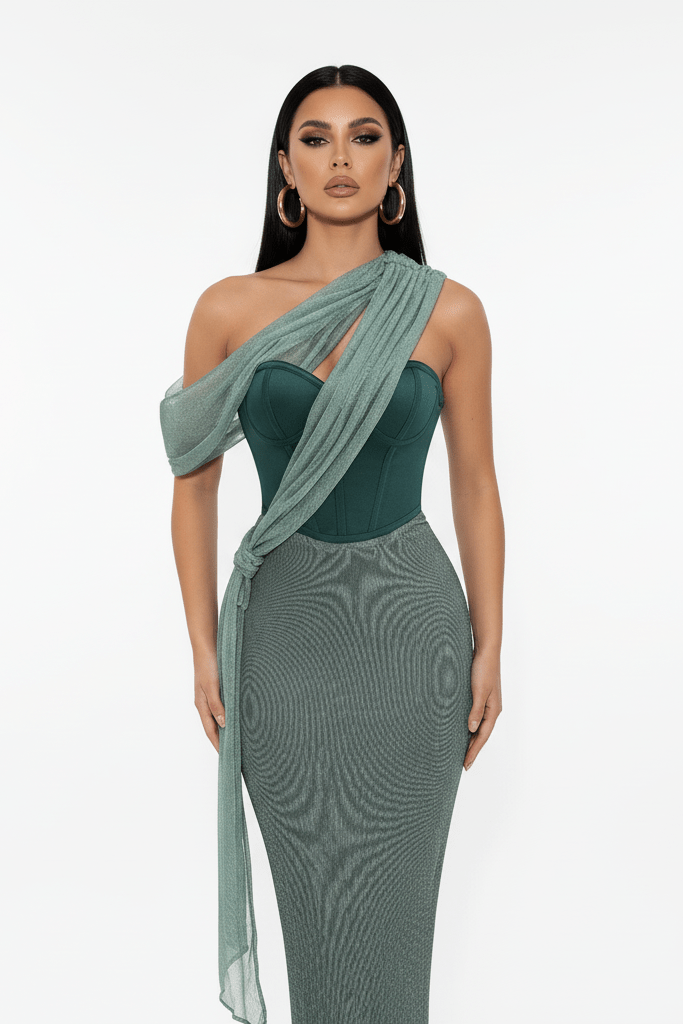 Maelis Green One - Shoulder Corset Maxi Gown by Shine | Evening Gown from Luxe Lane | SKU: -1 | Barcode:  | Options: Green S | Woman wearing a green one - shoulder dress with a matching scarf on a white background