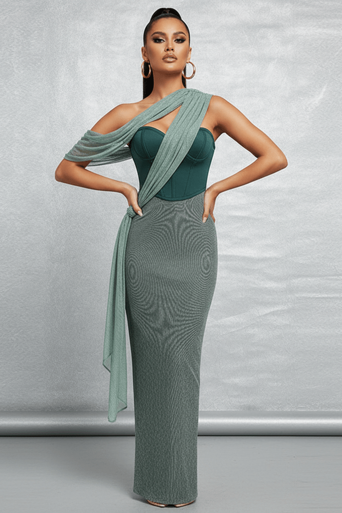 Maelis Green One - Shoulder Corset Maxi Gown by Shine | Evening Gown from Luxe Lane | SKU: -1 | Barcode:  | Options: Green S | Maelis Green One - Shoulder Corset Maxi Gown