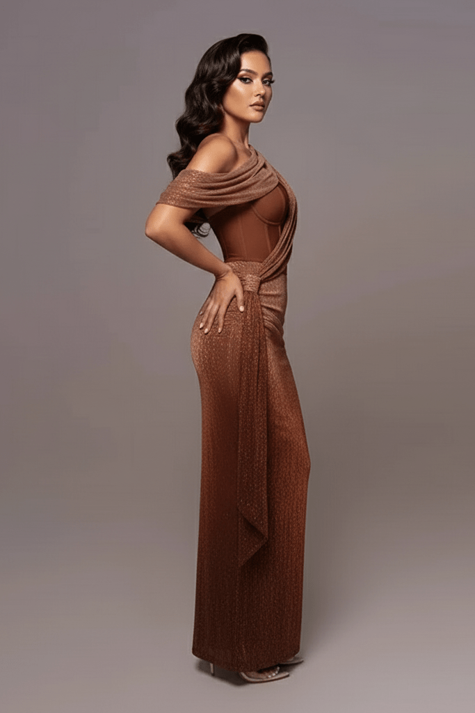 Maelis Green One - Shoulder Corset Maxi Gown by Shine | Evening Gown from Luxe Lane | SKU: -1 | Barcode:  | Options: Green S | Maelis Green One - Shoulder Corset Maxi Gown