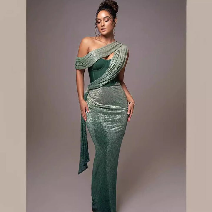 Maelis Green One - Shoulder Corset Maxi Gown by Shine | Evening Gown from Luxe Lane | SKU: -1 | Barcode:  | Options: Green S | High Quality Women Party Wear Green One Shoulder Draped Bodycon Formal Dresses Elegant Corset Maxi Dress Evening Gown