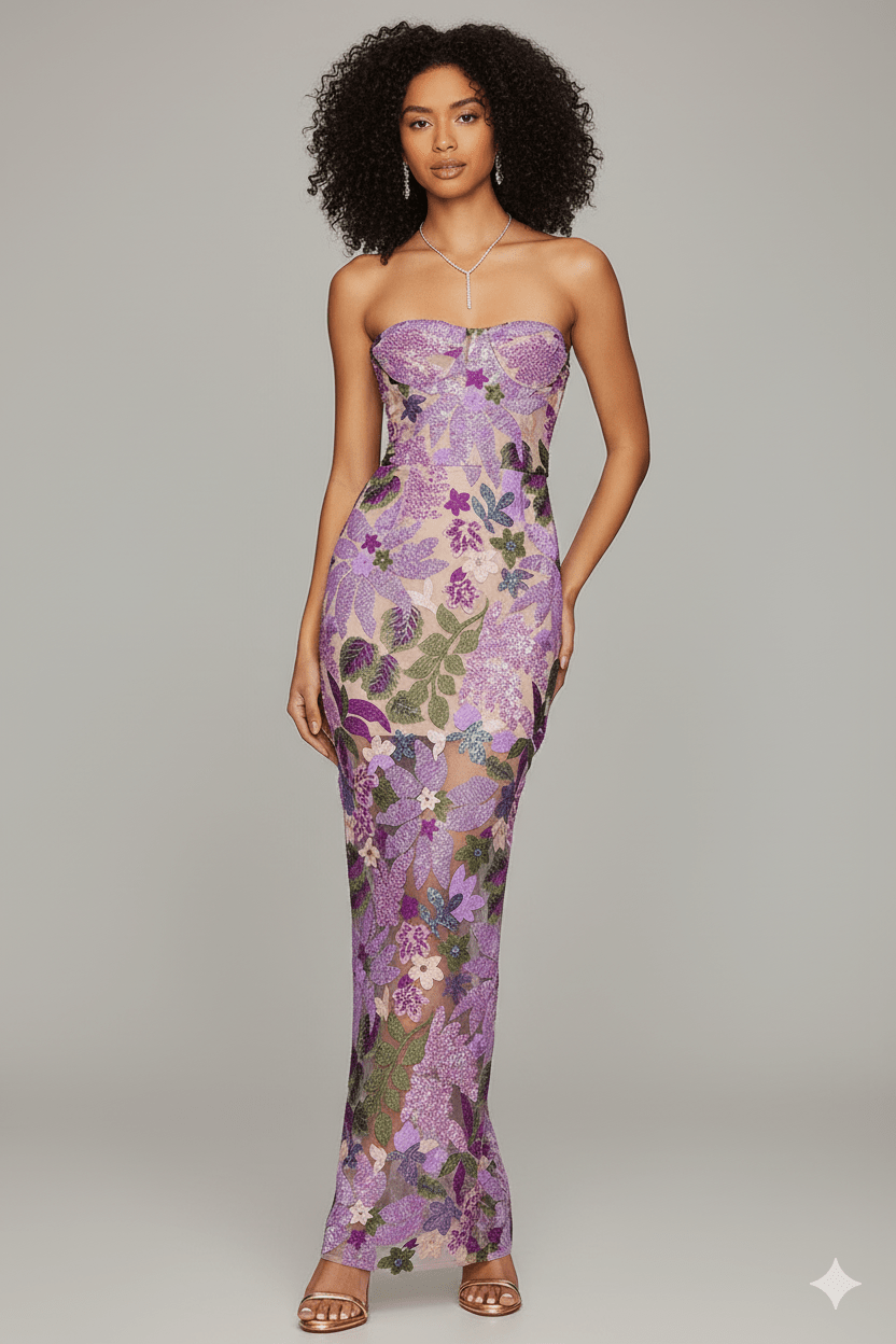 Marcelle Embroidered Strapless Mesh Gown by Luxe Lane | Maxi Evening Dress from Luxe Lane | SKU: -1 | Barcode:  | Options: Purple S | Marcelle Embroidered Strapless Mesh Gown