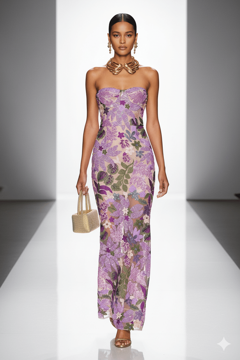 Marcelle Embroidered Strapless Mesh Gown by Luxe Lane | Maxi Evening Dress from Luxe Lane | SKU: -1 | Barcode:  | Options: Purple S | Marcelle Embroidered Strapless Mesh Gown