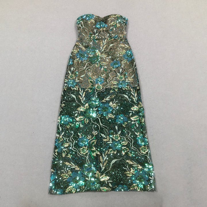 Marcelle Embroidered Strapless Mesh Gown by Luxe Lane | Maxi Evening Dress from Luxe Lane | SKU: -1 | Barcode:  | Options: Purple S | High End Women Strapless Ladies Green Floral Sequin Embroidery Maxi Evening Dress for Formal Occasions