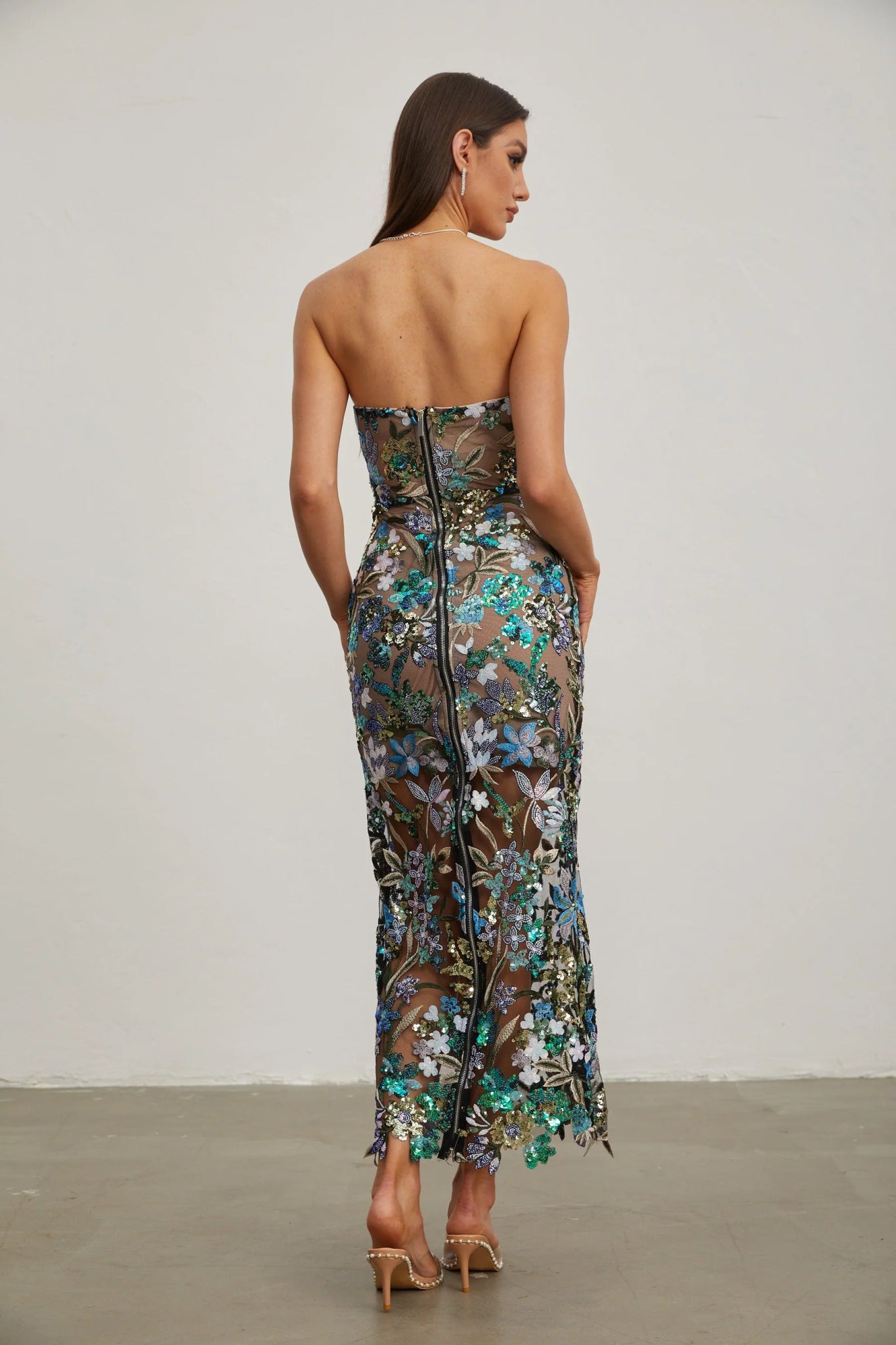Marcelle Embroidered Strapless Mesh Gown by Luxe Lane | Maxi Evening Dress from Luxe Lane | SKU:  | Barcode:  | Options: Green S | Marcelle Embroidered Strapless Mesh Gown