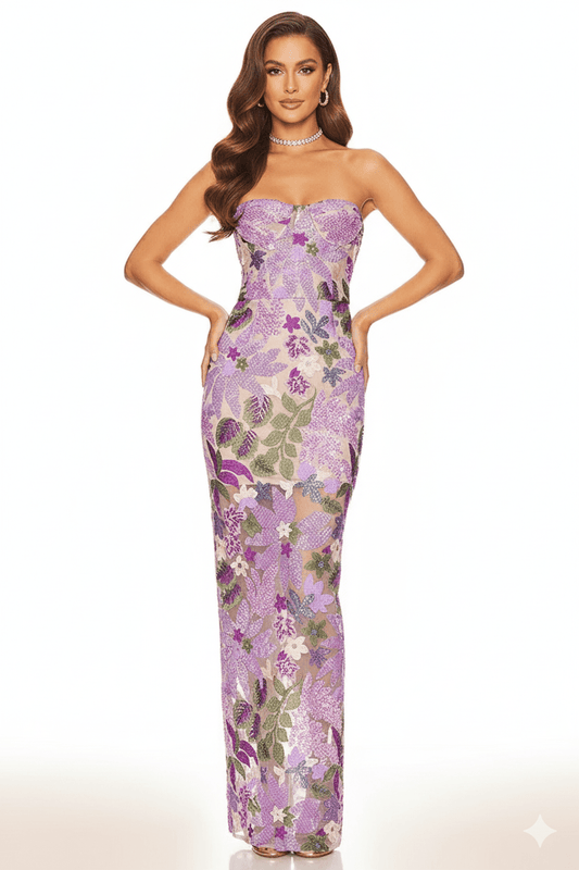 Marcelle Embroidered Strapless Mesh Gown by Luxe Lane | Maxi Evening Dress from Luxe Lane | SKU:  | Barcode:  | Options: Green S | Marcelle Embroidered Strapless Mesh Gown