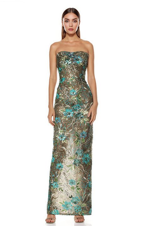 Marcelle Embroidered Strapless Mesh Gown by Luxe Lane | Maxi Evening Dress from Luxe Lane | SKU:  | Barcode:  | Options: Green S | High End Women Strapless Ladies Green Floral Sequin Embroidery Maxi Evening Dress for Formal Occasions