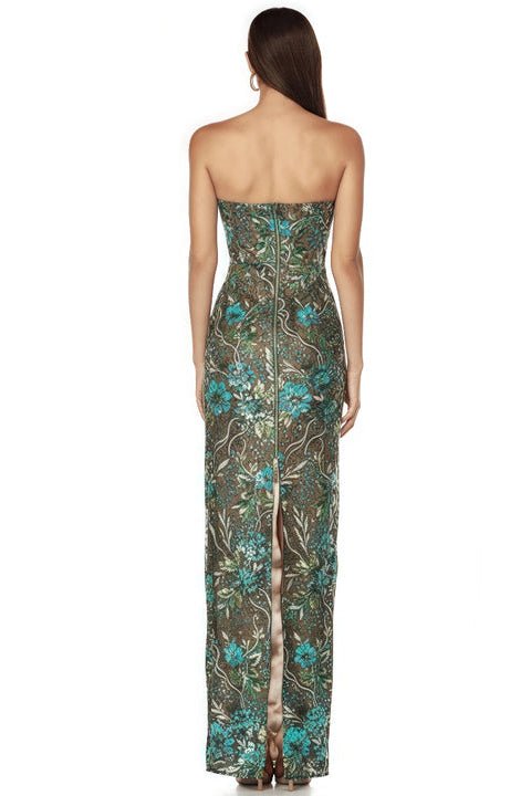 Marcelle Embroidered Strapless Mesh Gown by Luxe Lane | Maxi Evening Dress from Luxe Lane | SKU:  | Barcode:  | Options: Green S | High End Women Strapless Ladies Green Floral Sequin Embroidery Maxi Evening Dress for Formal Occasions