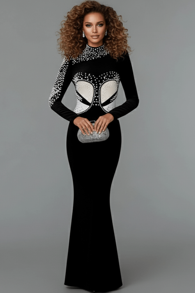 Marcelle Pearl - Embellished Mermaid Gown by Luxe Lane | from Luxe Lane | SKU:  | Barcode:  | Options: Black S | Marcelle Pearl - Embellished Mermaid Gown