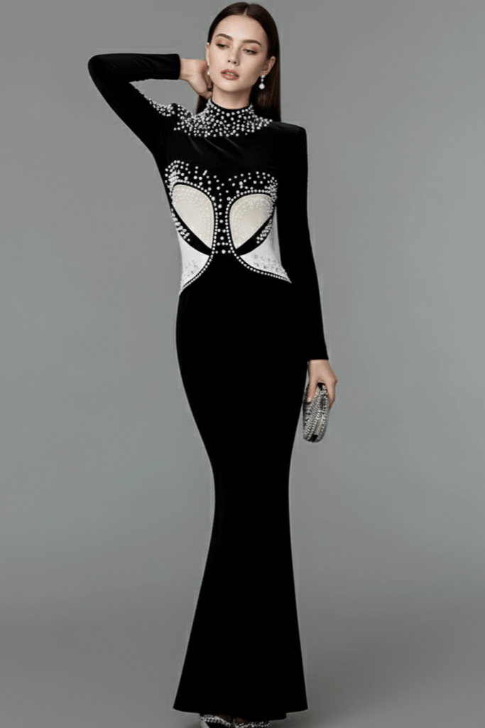 Marcelle Pearl - Embellished Mermaid Gown by Luxe Lane | from Luxe Lane | SKU:  | Barcode:  | Options: Black S | Marcelle Pearl - Embellished Mermaid Gown