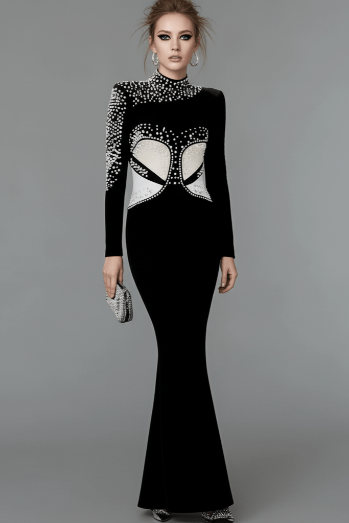 Marcelle Pearl - Embellished Mermaid Gown by Luxe Lane | from Luxe Lane | SKU:  | Barcode:  | Options: Black S | Marcelle Pearl - Embellished Mermaid Gown