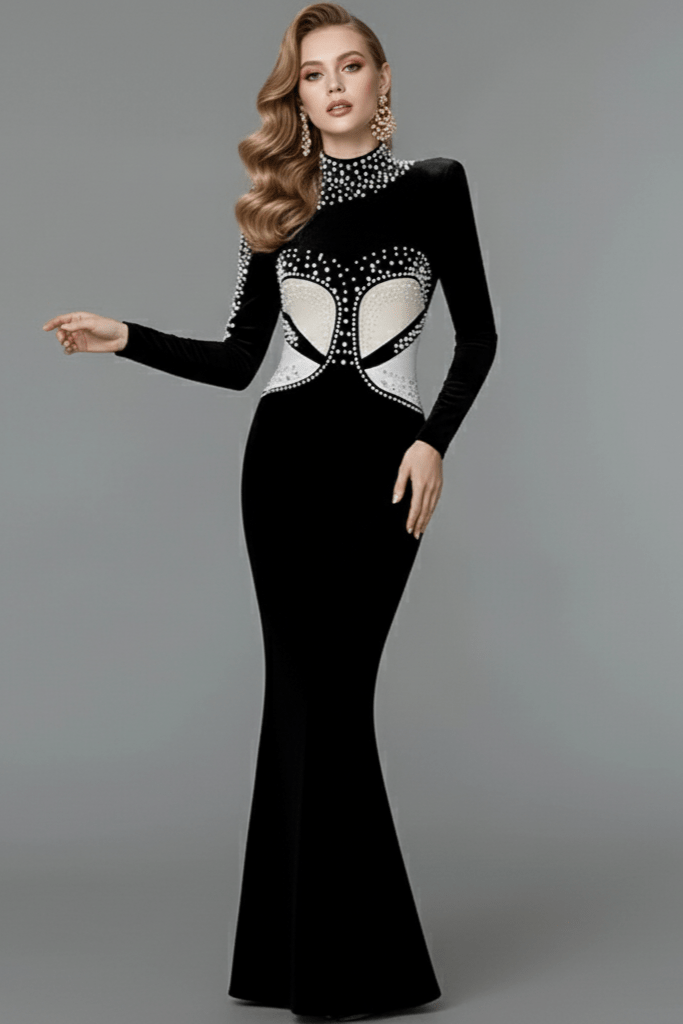 Marcelle Pearl - Embellished Mermaid Gown by Luxe Lane | from Luxe Lane | SKU:  | Barcode:  | Options: Black S | Marcelle Pearl - Embellished Mermaid Gown
