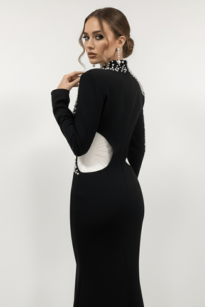 Marcelle Pearl - Embellished Mermaid Gown by Luxe Lane | from Luxe Lane | SKU:  | Barcode:  | Options: Black S | Marcelle Pearl - Embellished Mermaid Gown