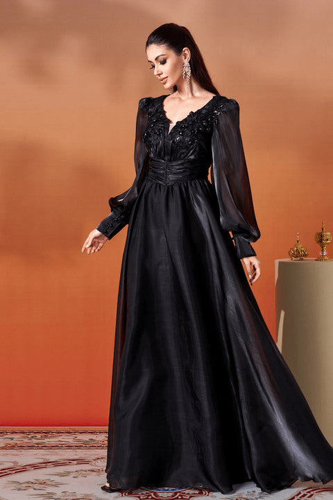 Marcelline Black V - Neck Maxi Gown by Luxe Lane | Ball gown from Luxe Lane | SKU: W11185-1 | Barcode:  | Options: Black S | Luxury Black Evening Maxi Dresses Women Long Sleeve V Neck Gown Formal Party Dress Prom Wedding Outfit Ladies Fashion Clothing