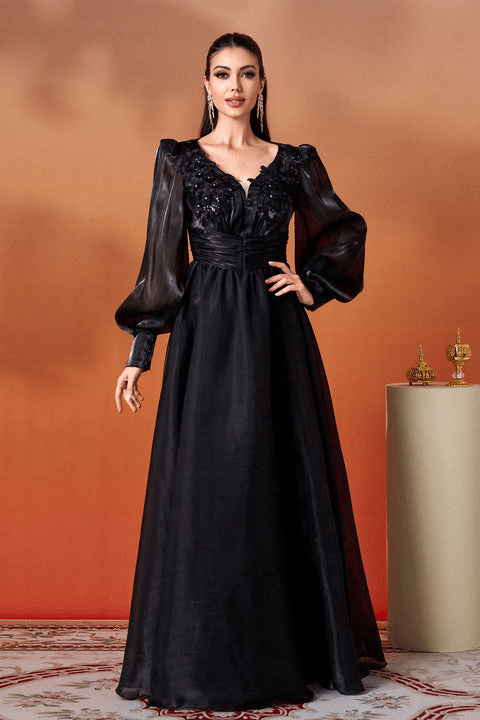 Marcelline Black V - Neck Maxi Gown by Luxe Lane | Ball gown from Luxe Lane | SKU: W11185-1 | Barcode:  | Options: Black S | Luxury Black Evening Maxi Dresses Women Long Sleeve V Neck Gown Formal Party Dress Prom Wedding Outfit Ladies Fashion Clothing