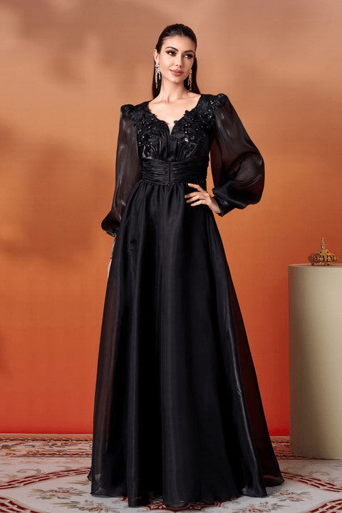 Marcelline Black V - Neck Maxi Gown by Luxe Lane | Ball gown from Luxe Lane | SKU: W11185-1 | Barcode:  | Options: Black S | Luxury Black Evening Maxi Dresses Women Long Sleeve V Neck Gown Formal Party Dress Prom Wedding Outfit Ladies Fashion Clothing