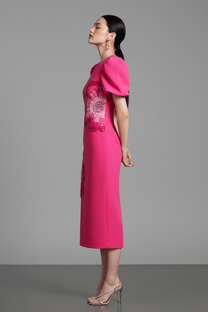 Marivelle Beaded Sequin Midi Dress by Shine | Party dresses from Luxe Lane | SKU: -1 | Barcode:  | Options: Rose pink S | Woman wearing a pink dress with lace details on a gray background