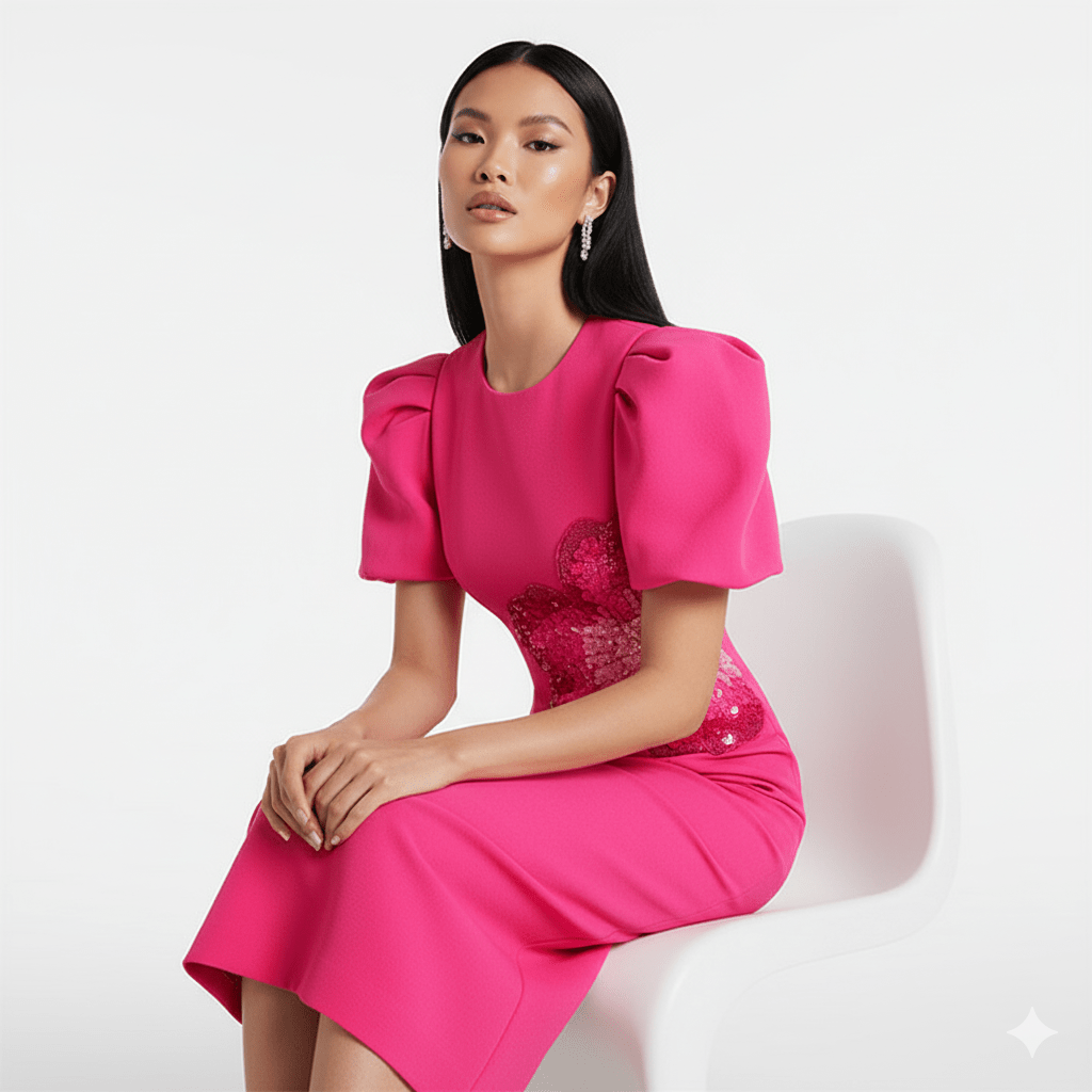 Marivelle Beaded Sequin Midi Dress by Shine | Party dresses from Luxe Lane | SKU: -1 | Barcode:  | Options: Rose pink S | Marivelle Beaded Sequin Midi Dress