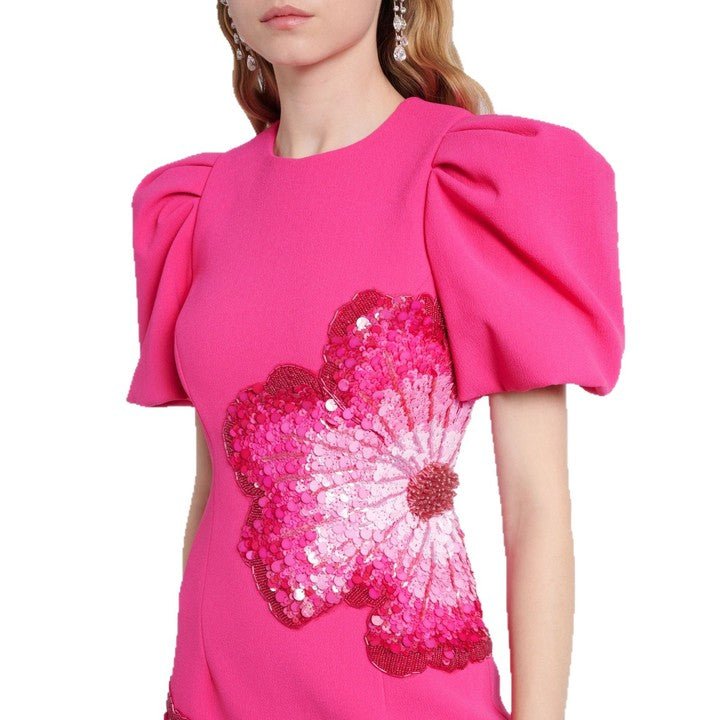 Marivelle Beaded Sequin Midi Dress by Shine | Party dresses from Luxe Lane | SKU: -1 | Barcode:  | Options: Rose pink S | Hot Pink Puff Sleeve Sequin Embroidery Midi Dress Women Luxury 3D Flower Beaded Party Gown 2025 Elegant Premium Formal Dresses