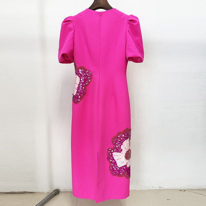 Marivelle Beaded Sequin Midi Dress by Shine | Party dresses from Luxe Lane | SKU: -1 | Barcode:  | Options: Rose pink S | Hot Pink Puff Sleeve Sequin Embroidery Midi Dress Women Luxury 3D Flower Beaded Party Gown 2025 Elegant Premium Formal Dresses
