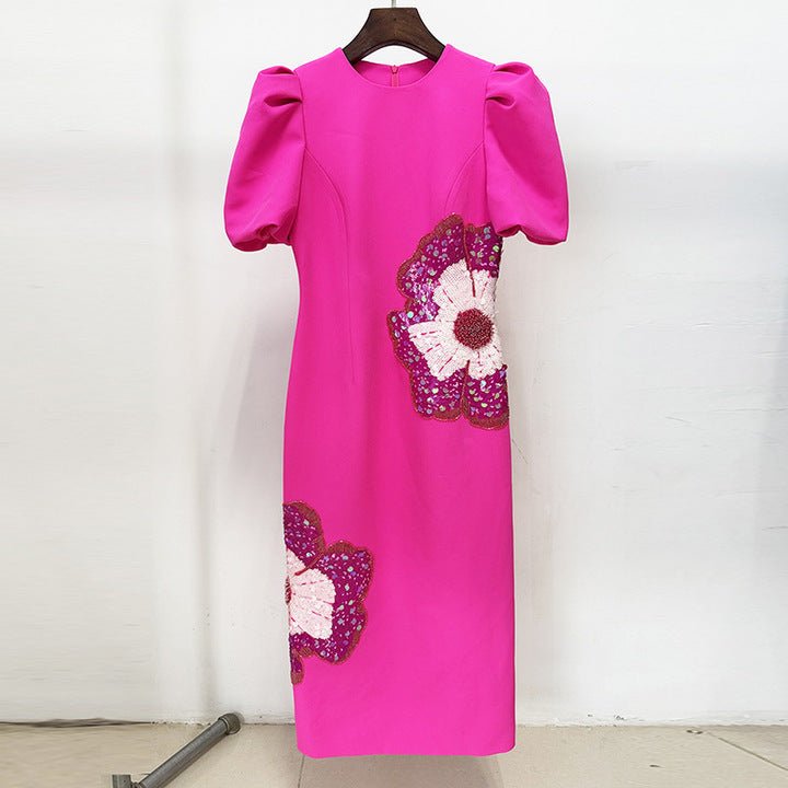 Marivelle Beaded Sequin Midi Dress by Shine | Party dresses from Luxe Lane | SKU: -1 | Barcode:  | Options: Rose pink S | Hot Pink Puff Sleeve Sequin Embroidery Midi Dress Women Luxury 3D Flower Beaded Party Gown 2025 Elegant Premium Formal Dresses