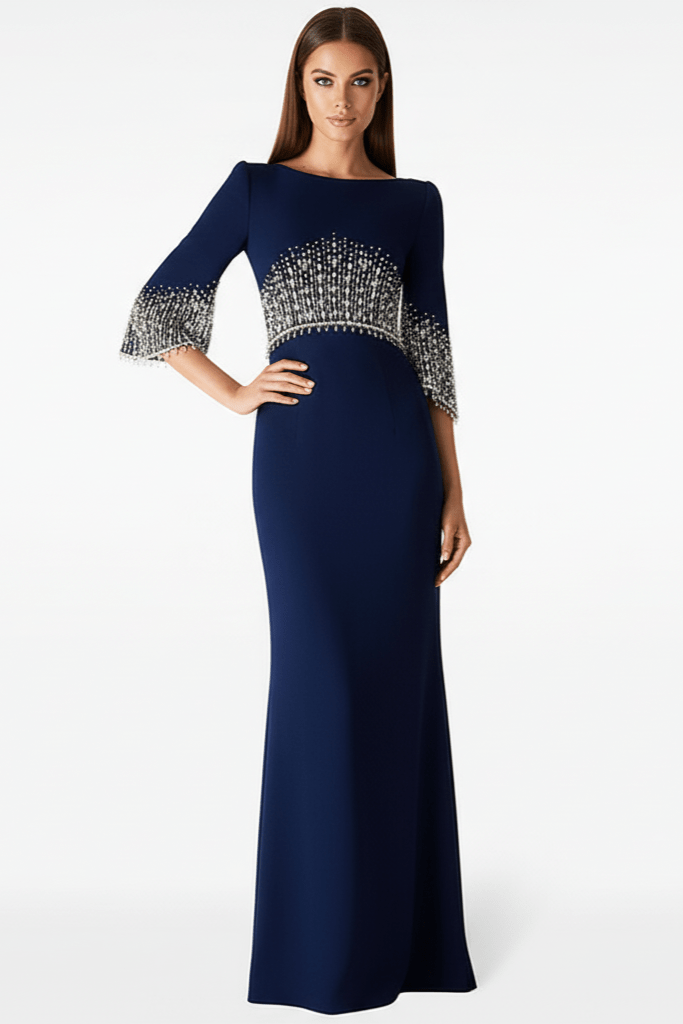 Marseille Beaded Diamond Evening Gown by Luxe Lane | from Luxe Lane | SKU:  | Barcode:  | Options: Dark blue S | Marseille Beaded Diamond Evening Gown
