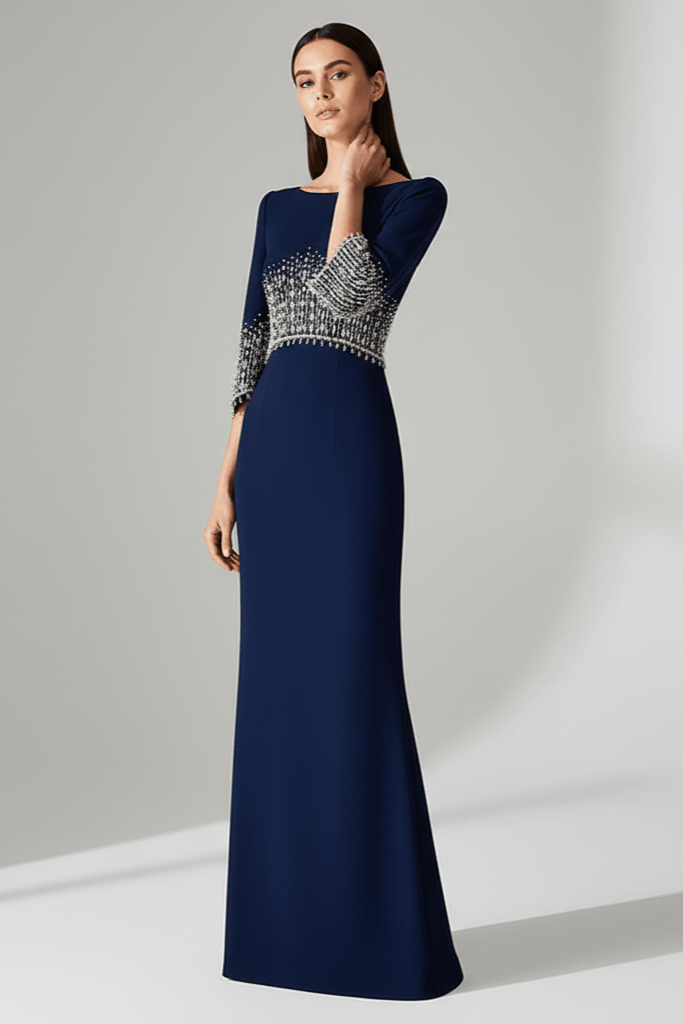 Marseille Beaded Diamond Evening Gown by Luxe Lane | from Luxe Lane | SKU:  | Barcode:  | Options: Dark blue S | Navy blue evening gown with silver embellishments on a gray background