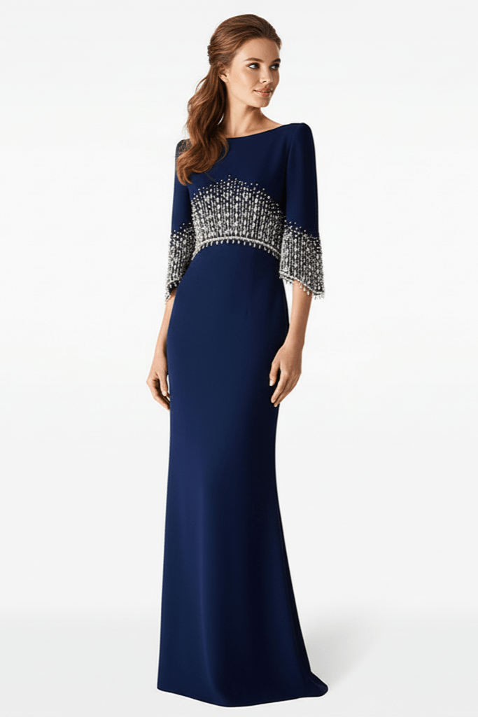 Marseille Beaded Diamond Evening Gown by Luxe Lane | from Luxe Lane | SKU:  | Barcode:  | Options: Dark blue S | Marseille Beaded Diamond Evening Gown