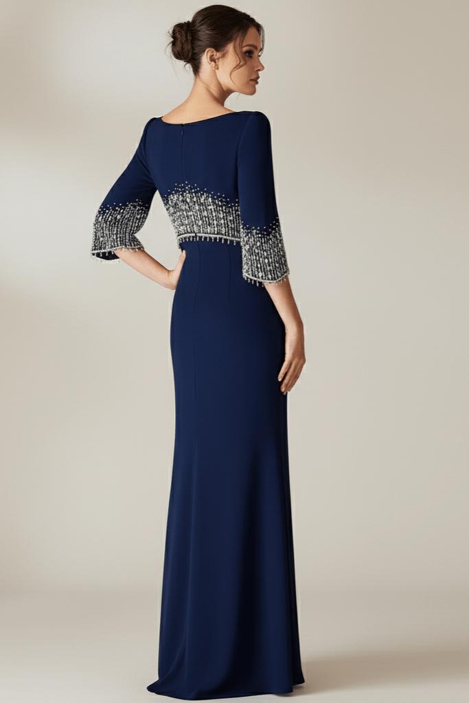 Marseille Beaded Diamond Evening Gown by Luxe Lane | from Luxe Lane | SKU:  | Barcode:  | Options: Dark blue S | Navy blue evening gown with silver embellishments on sleeves against a neutral background