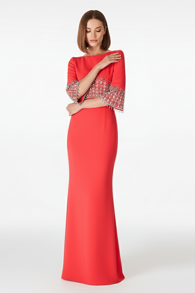 Marseille Beaded Diamond Evening Gown by Luxe Lane | from Luxe Lane | SKU:  | Barcode:  | Options: Orange red S | Woman wearing a red evening gown with embellished sleeves on a white background