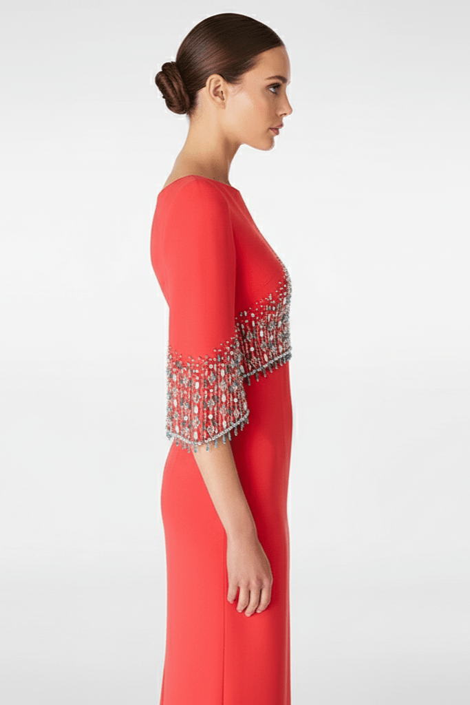 Marseille Beaded Diamond Evening Gown by Luxe Lane | from Luxe Lane | SKU:  | Barcode:  | Options: Orange red S | Marseille Beaded Diamond Evening Gown