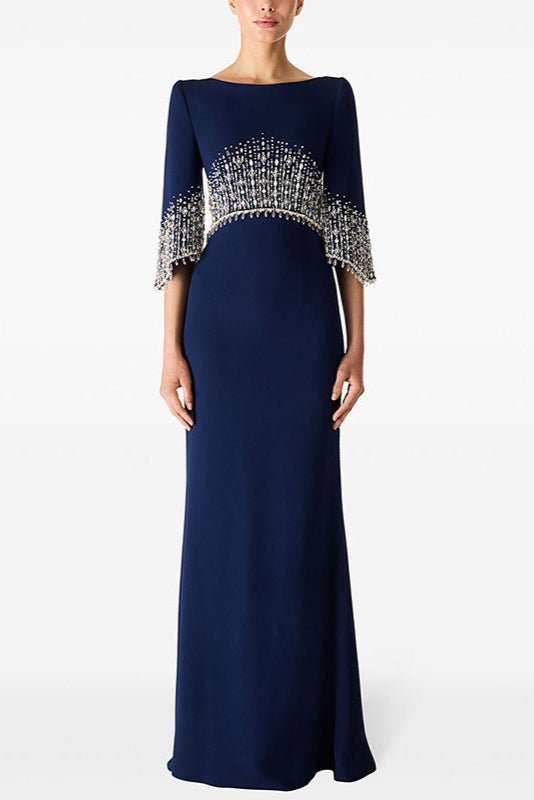 Marseille Beaded Diamond Evening Gown by Luxe Lane | from Luxe Lane | SKU:  | Barcode:  | Options: Orange red S | Custom Evening Gowns Manufacturers Beaded Diamond Mid - length Sleeve Elegant Dress Long Formal Gown Floor Length Evening Dresses