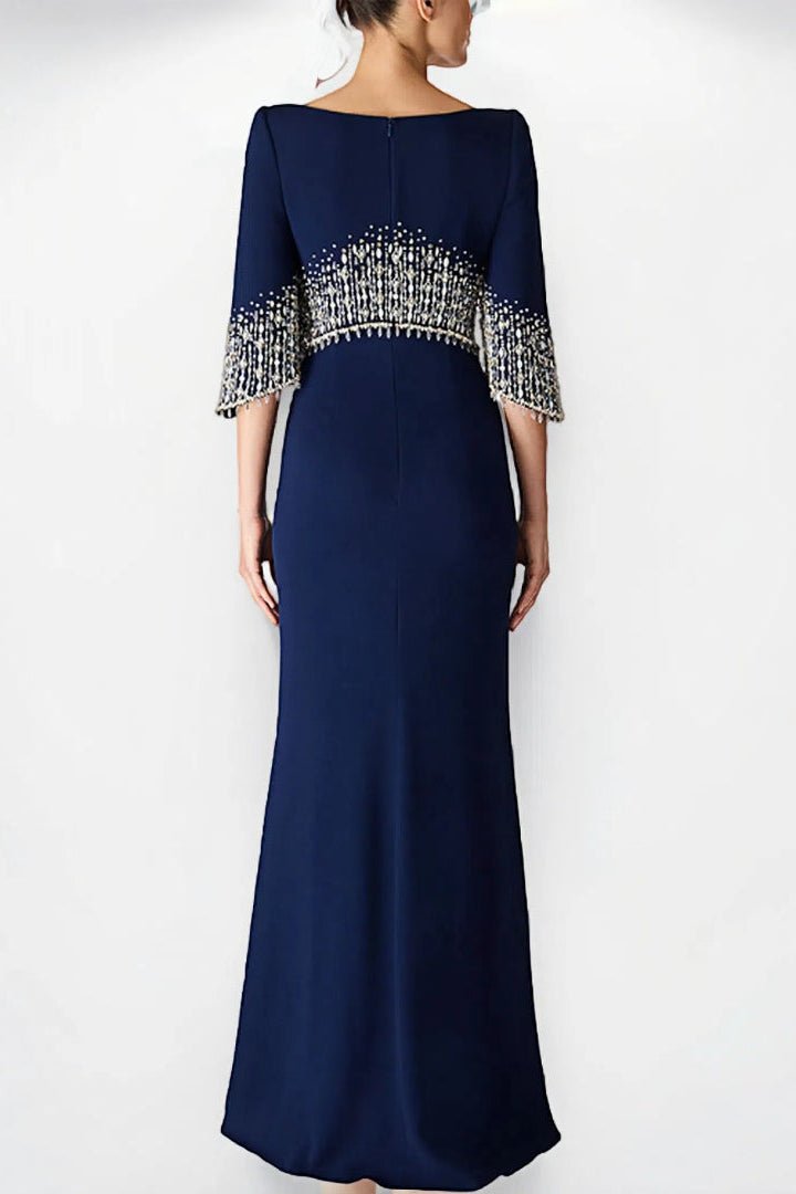 Marseille Beaded Diamond Evening Gown by Luxe Lane | from Luxe Lane | SKU:  | Barcode:  | Options: Orange red S | Custom Evening Gowns Manufacturers Beaded Diamond Mid - length Sleeve Elegant Dress Long Formal Gown Floor Length Evening Dresses