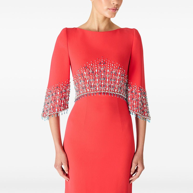 Marseille Beaded Diamond Evening Gown by Luxe Lane | from Luxe Lane | SKU:  | Barcode:  | Options: Orange red S | Custom Evening Gowns Manufacturers Beaded Diamond Mid - length Sleeve Elegant Dress Long Formal Gown Floor Length Evening Dresses