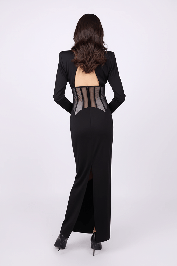 Mesh Corset Bodycon Maxi Dress by Luxe Lane | tea - length gown from Luxe Lane | SKU: W11245-1 | Barcode:  | Options: Black XS(4) | Black evening gown with sheer back on a white background