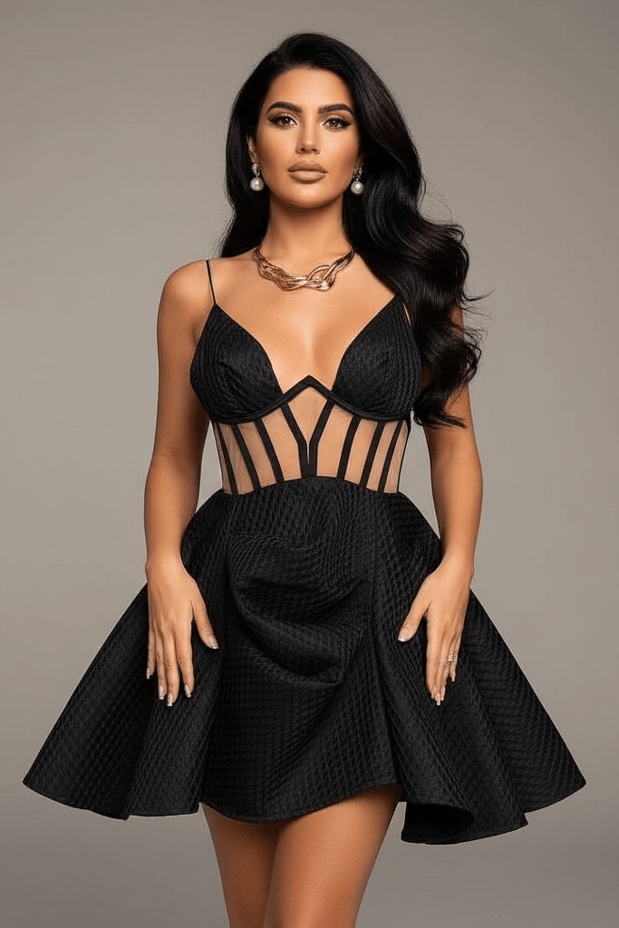 Mesh Cutout Spaghetti Strap Mini Dress by Luxe Lane | Mini Gown from Luxe Lane | SKU: -1 | Barcode:  | Options: Black S(2) | Mesh Cutout Spaghetti Strap Mini Dress