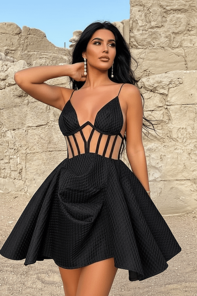 Mesh Cutout Spaghetti Strap Mini Dress by Luxe Lane | Mini Gown from Luxe Lane | SKU: -1 | Barcode:  | Options: Black S(2) | Mesh Cutout Spaghetti Strap Mini Dress