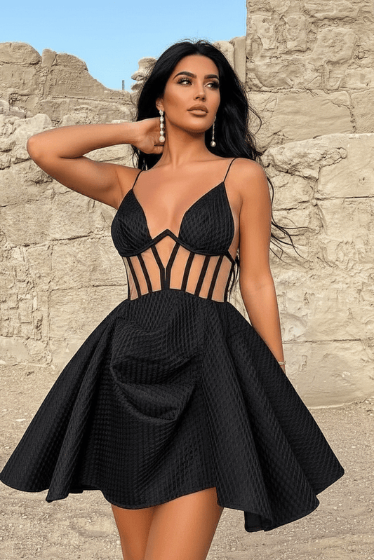 Mesh Cutout Spaghetti Strap Mini Dress by Luxe Lane | Mini Gown from Luxe Lane | SKU: -1 | Barcode:  | Options: Black S(2) | Mesh Cutout Spaghetti Strap Mini Dress