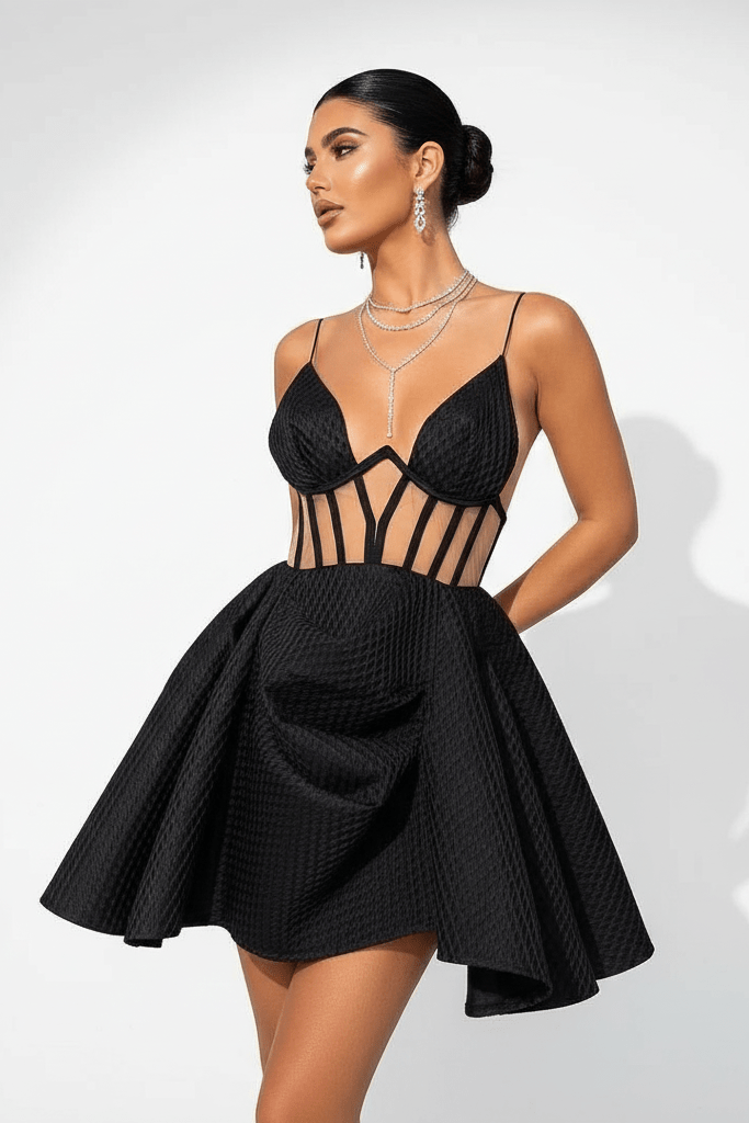 Mesh Cutout Spaghetti Strap Mini Dress by Luxe Lane | Mini Gown from Luxe Lane | SKU:  | Barcode:  | Options: white S(2) | Mesh Cutout Spaghetti Strap Mini Dress
