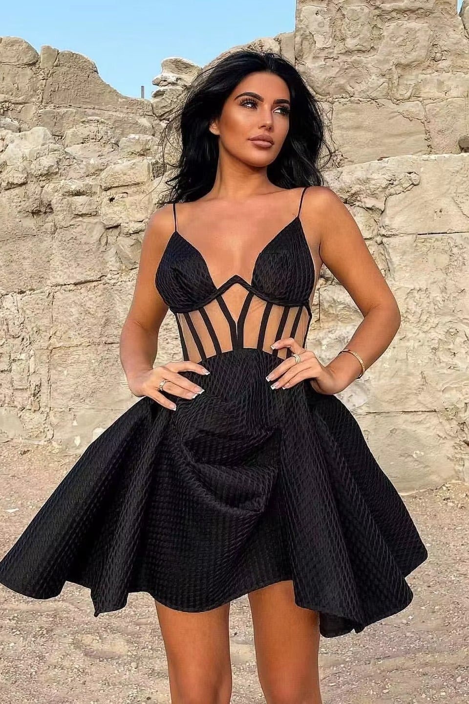 Mesh Cutout Spaghetti Strap Mini Dress by Luxe Lane | Mini Gown from Luxe Lane | SKU:  | Barcode:  | Options: white S(2) | Mesh Cutout Spaghetti Strap Mini Dress